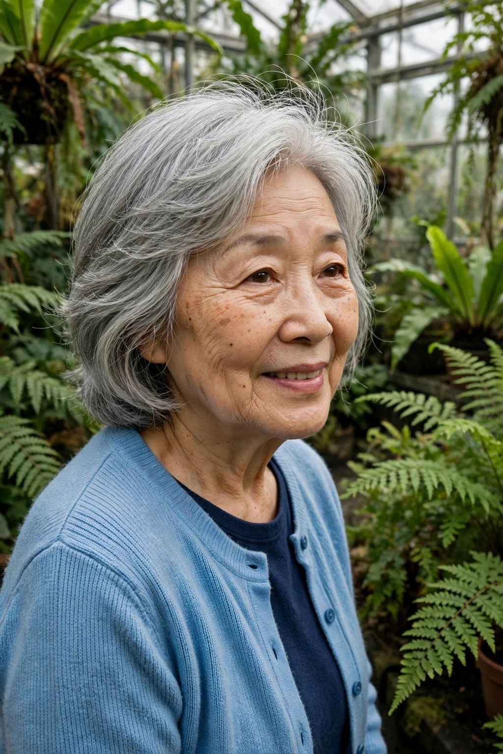Mature East Asian woman in her early seventies with a layered haircut for fine hair, wearing a sky-blue cardigan in a botanical greenhouse.