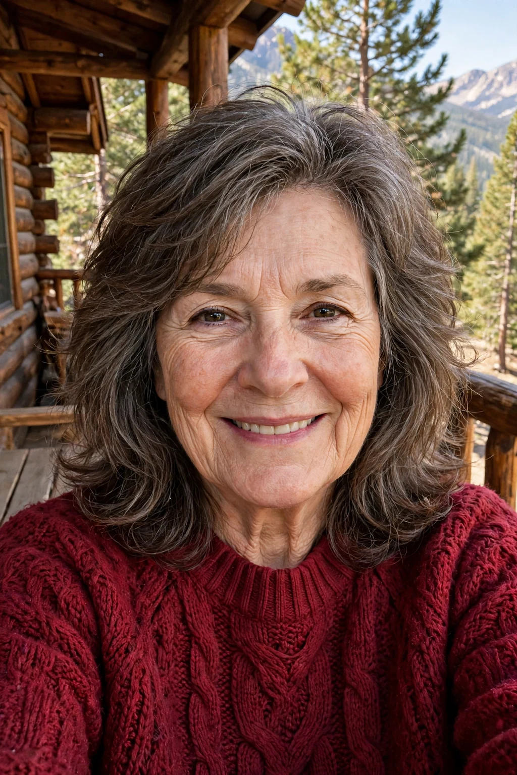 Mature Caucasian woman in her mid-sixties with a layered haircut for thick hair, wearing a wine-red sweater on a mountain cabin porch.