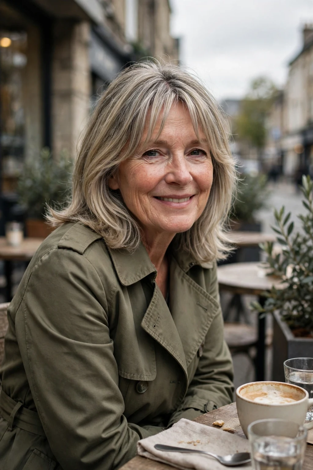 Mature Caucasian woman in her early sixties with a layered haircut and curtain bangs, wearing an olive-green trench coat at a street cafe.