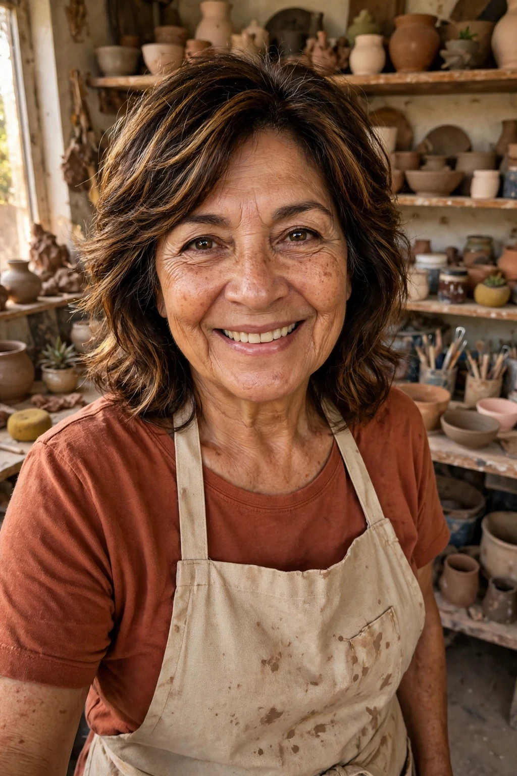 Mature Hispanic woman in her early sixties with a layered haircut with highlights, wearing a terracotta top in a pottery studio.