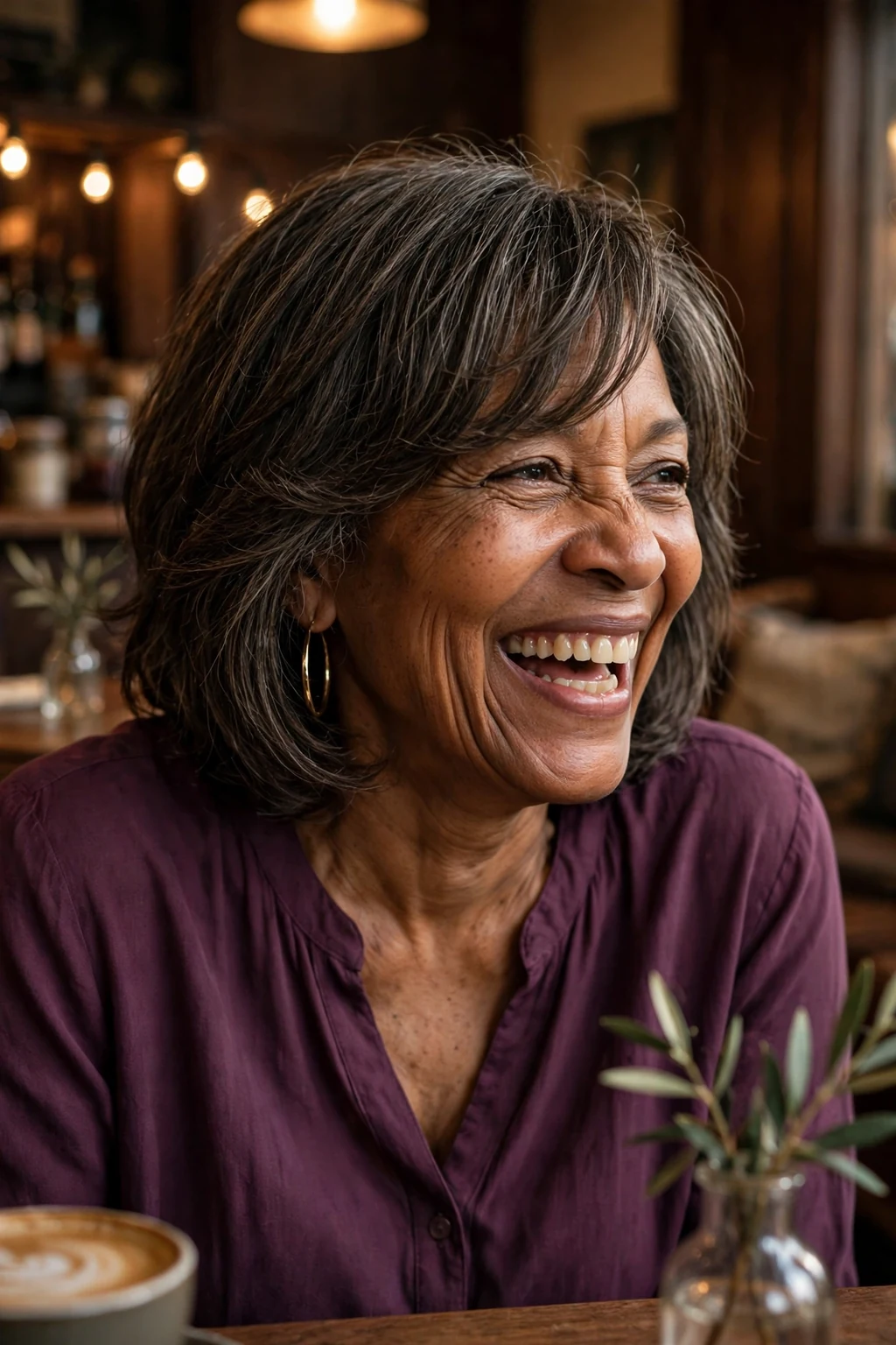 Mature Black woman in her mid-sixties with a layered haircut and side-swept bangs, wearing a plum blouse in a jazz cafe.