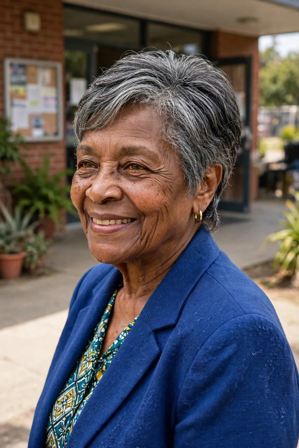 Mature African American woman around seventy with a layered haircut with a tapered nape, wearing a cobalt blazer outside a community hall.