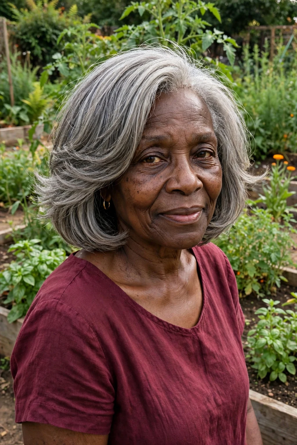 A mature Black woman in her late sixties with a layered gray bob, wearing a burgundy dress in a garden.