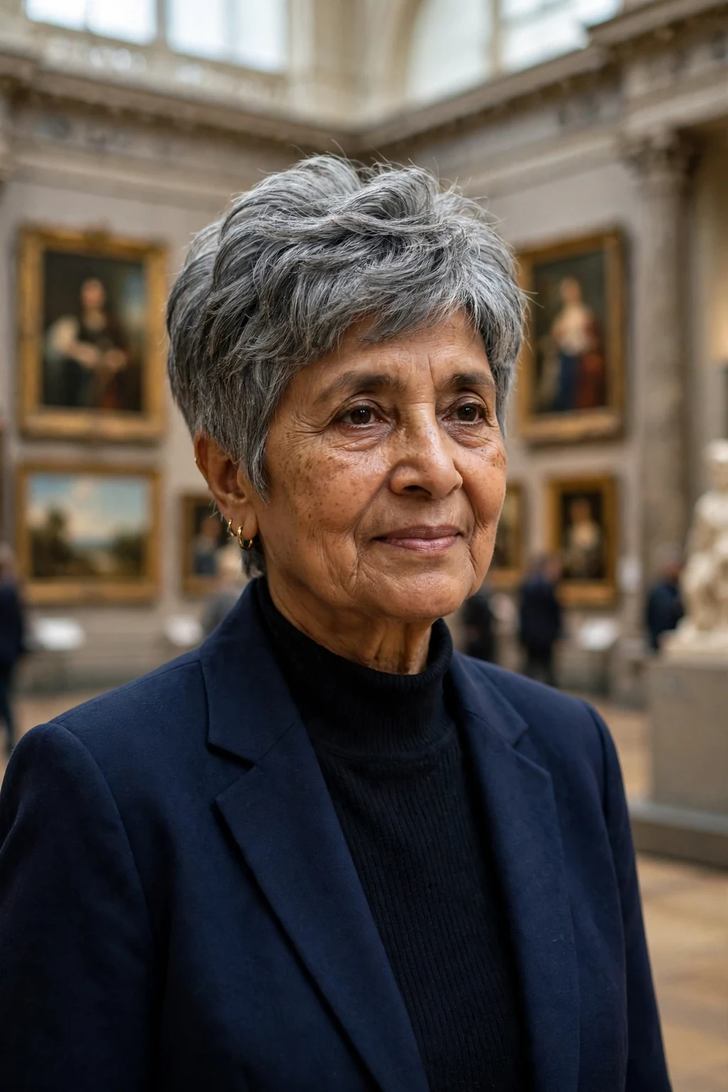A woman in her late 60s with a layered gray pixie cut, wearing a navy blazer in a museum hall.