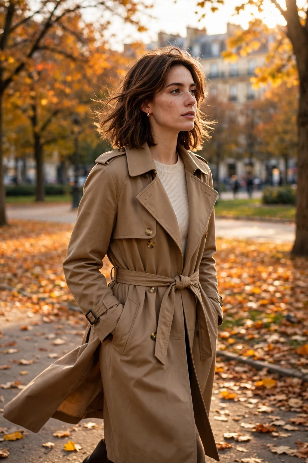 Young woman with a layered lob, walking in a city park wearing a camel trench coat.