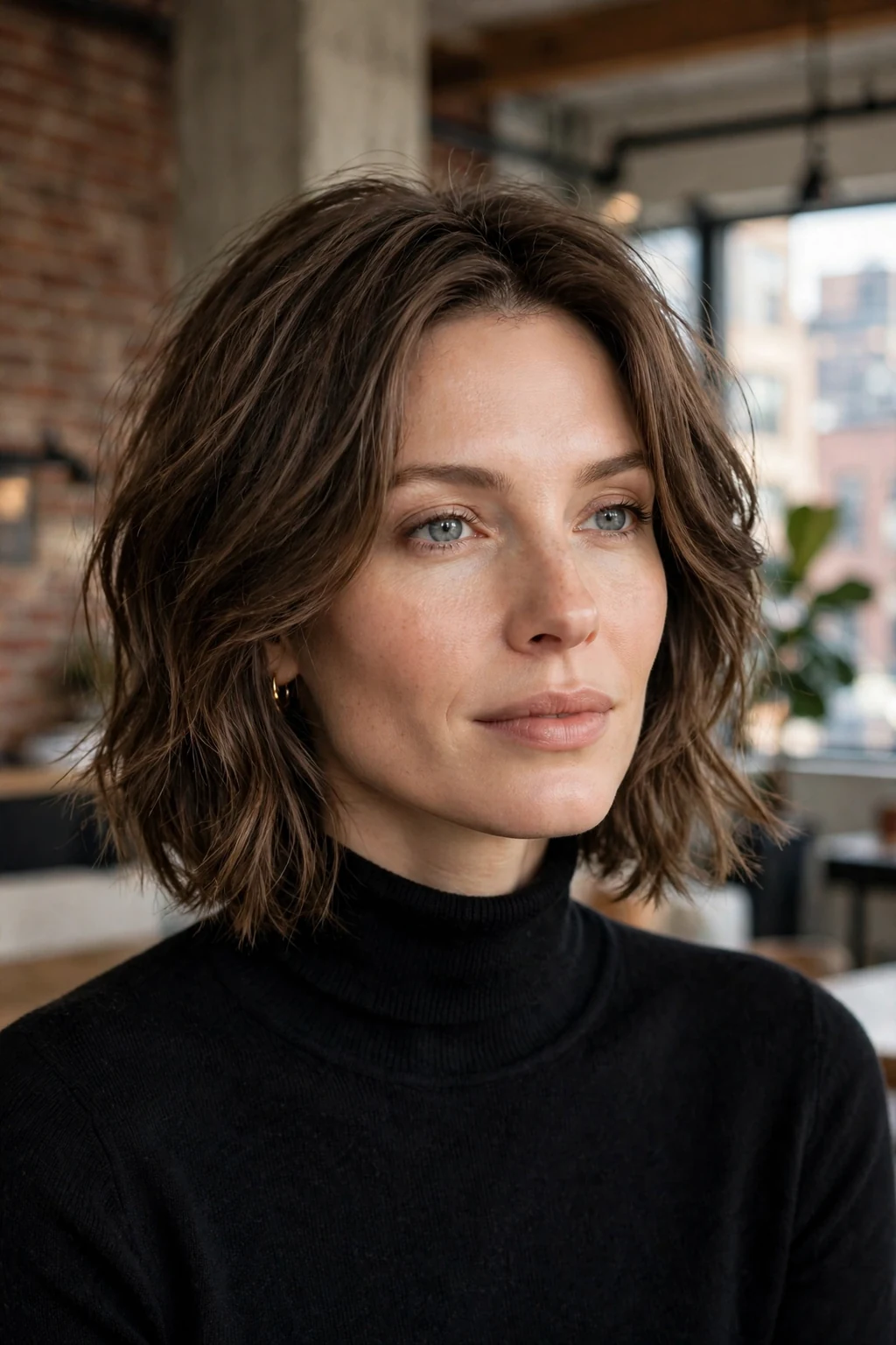 Beautiful woman with layered lob cut, chic layered long bob, chic light.