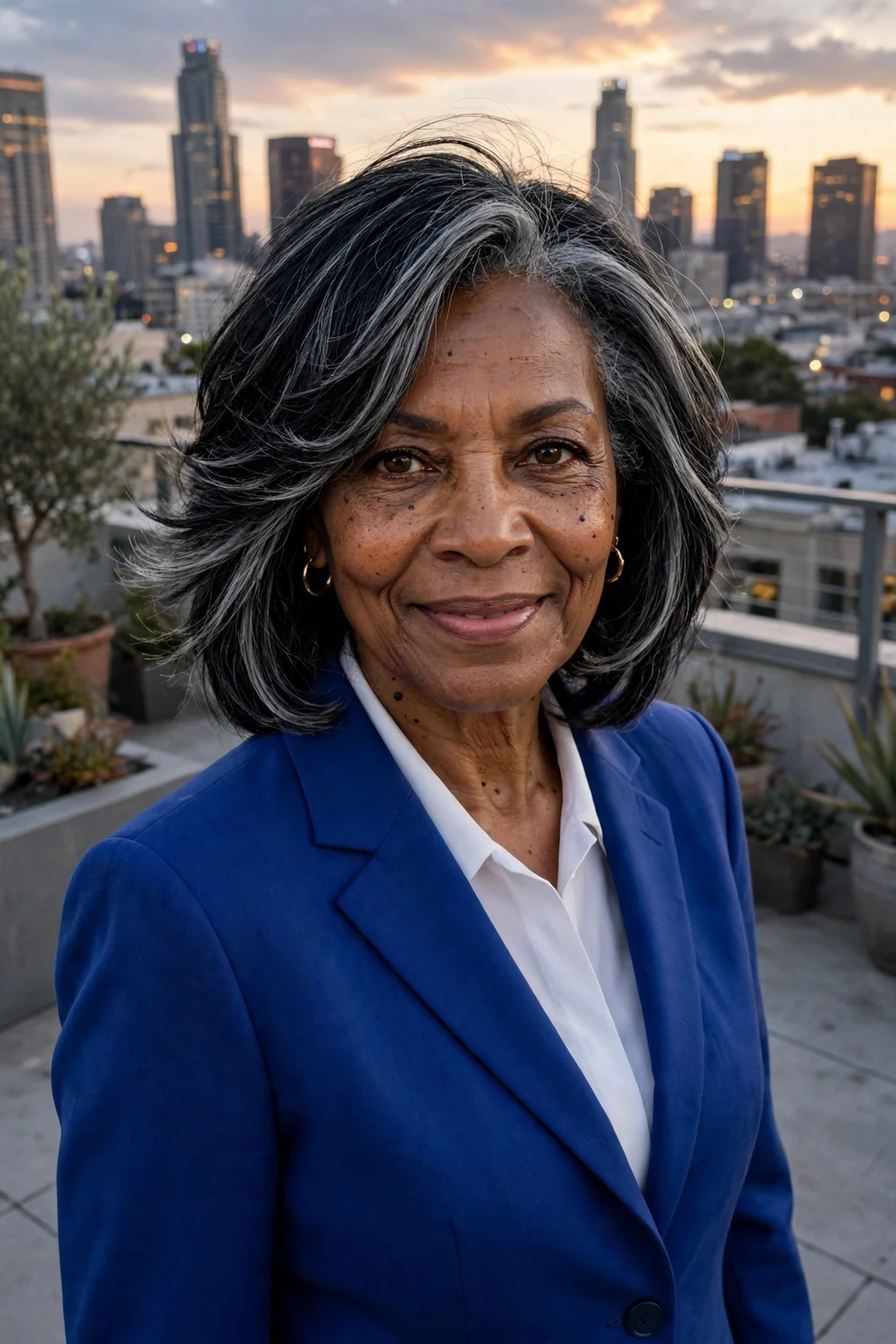 Mature African American woman in her mid-sixties with a layered lob haircut, wearing a royal-blue suit on a city rooftop terrace.