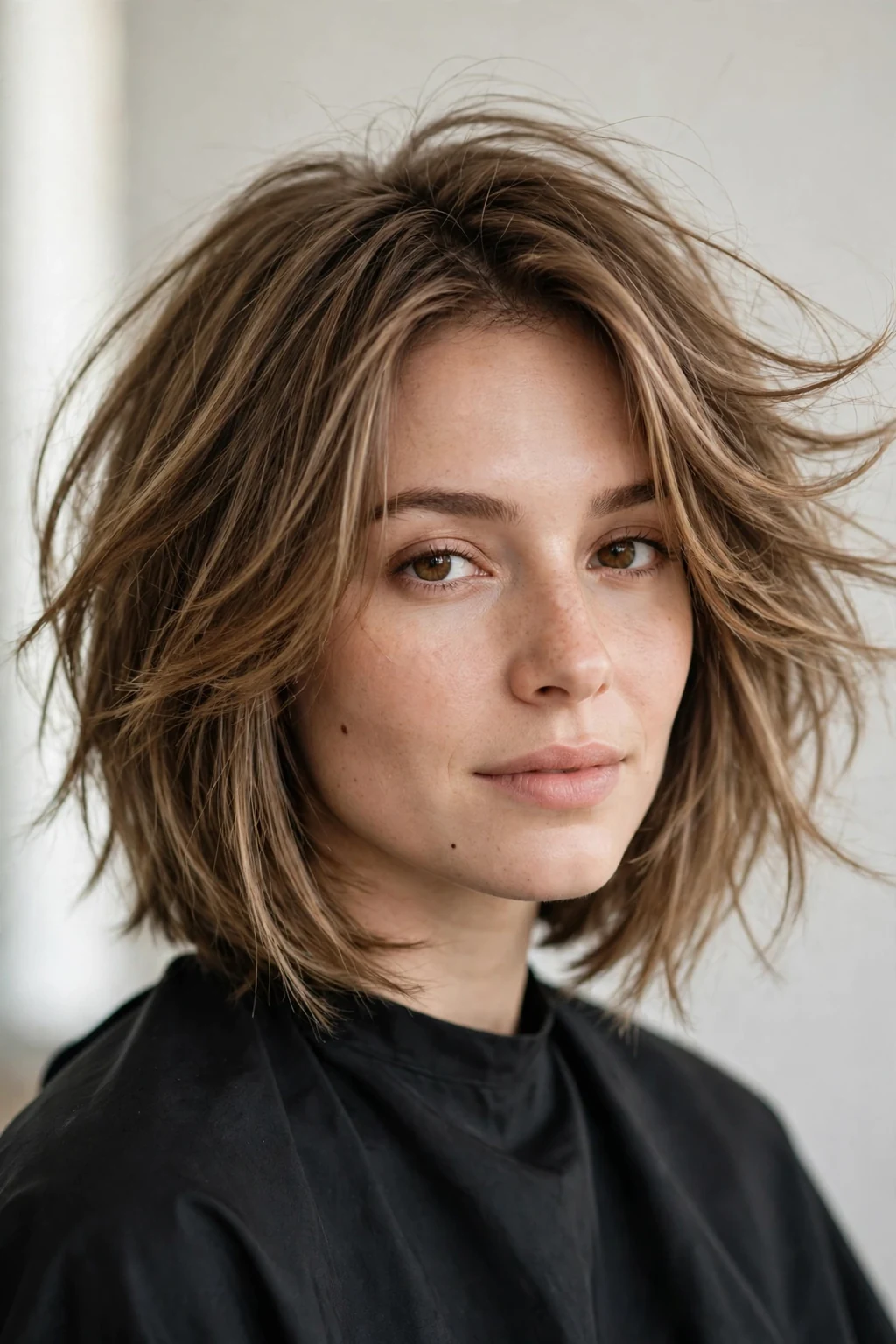Woman with layered lob, soft flattering movement, natural light.