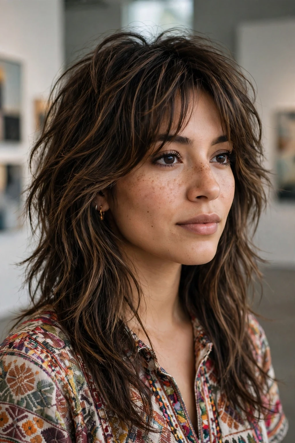 Beautiful woman with layered long shag, dimensional long shag, rich light.