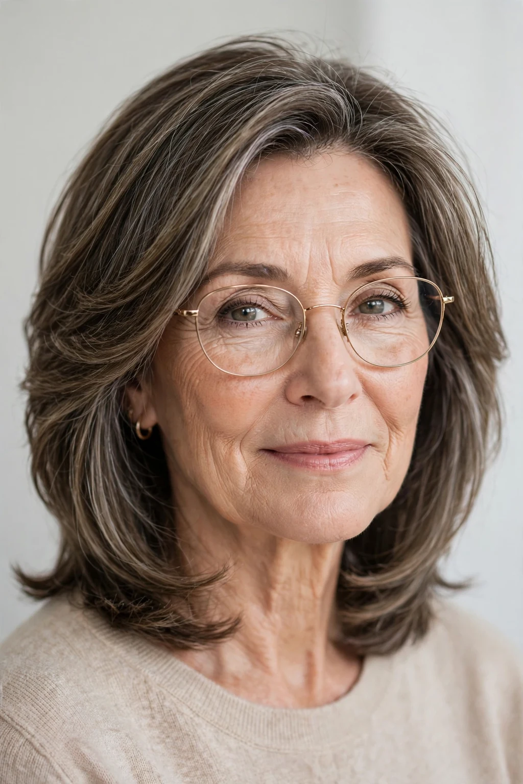 Elegant woman over 50 with glasses and layered medium cut, soft dimensional layers, gentle light.