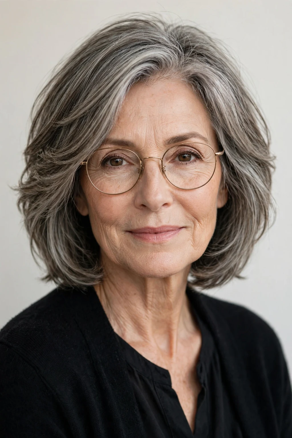 Elegant woman over 60 with glasses and layered medium cut, soft dimensional layers, gentle light.