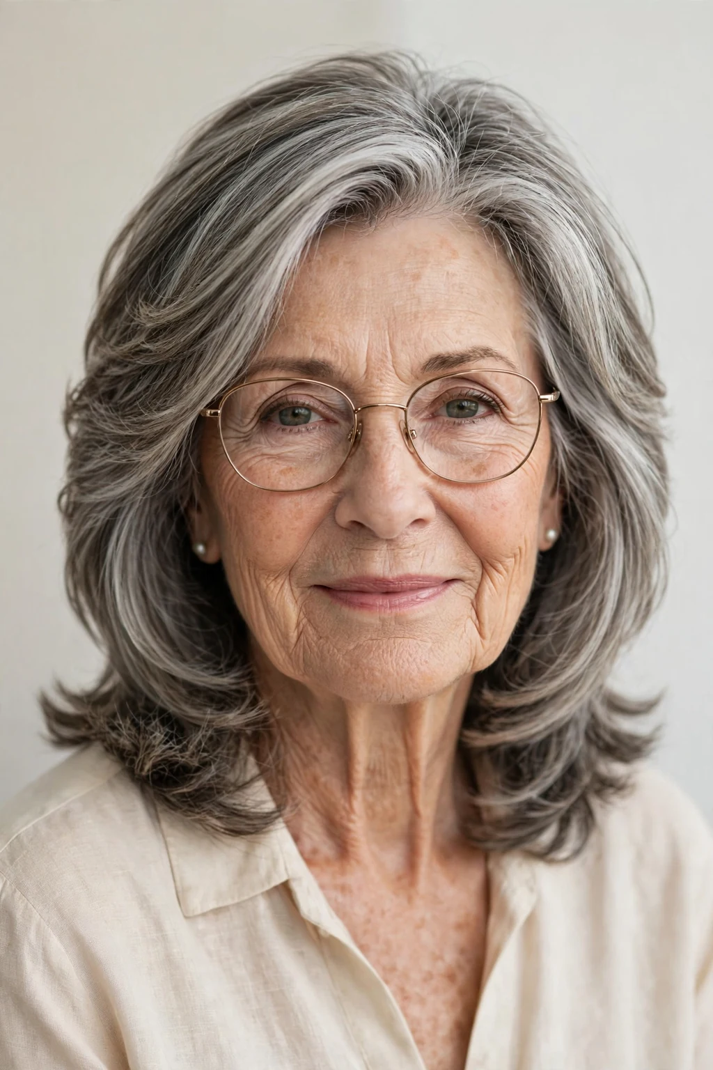 Elegant woman over 70 with glasses and layered medium cut, soft dimensional layers, gentle light.