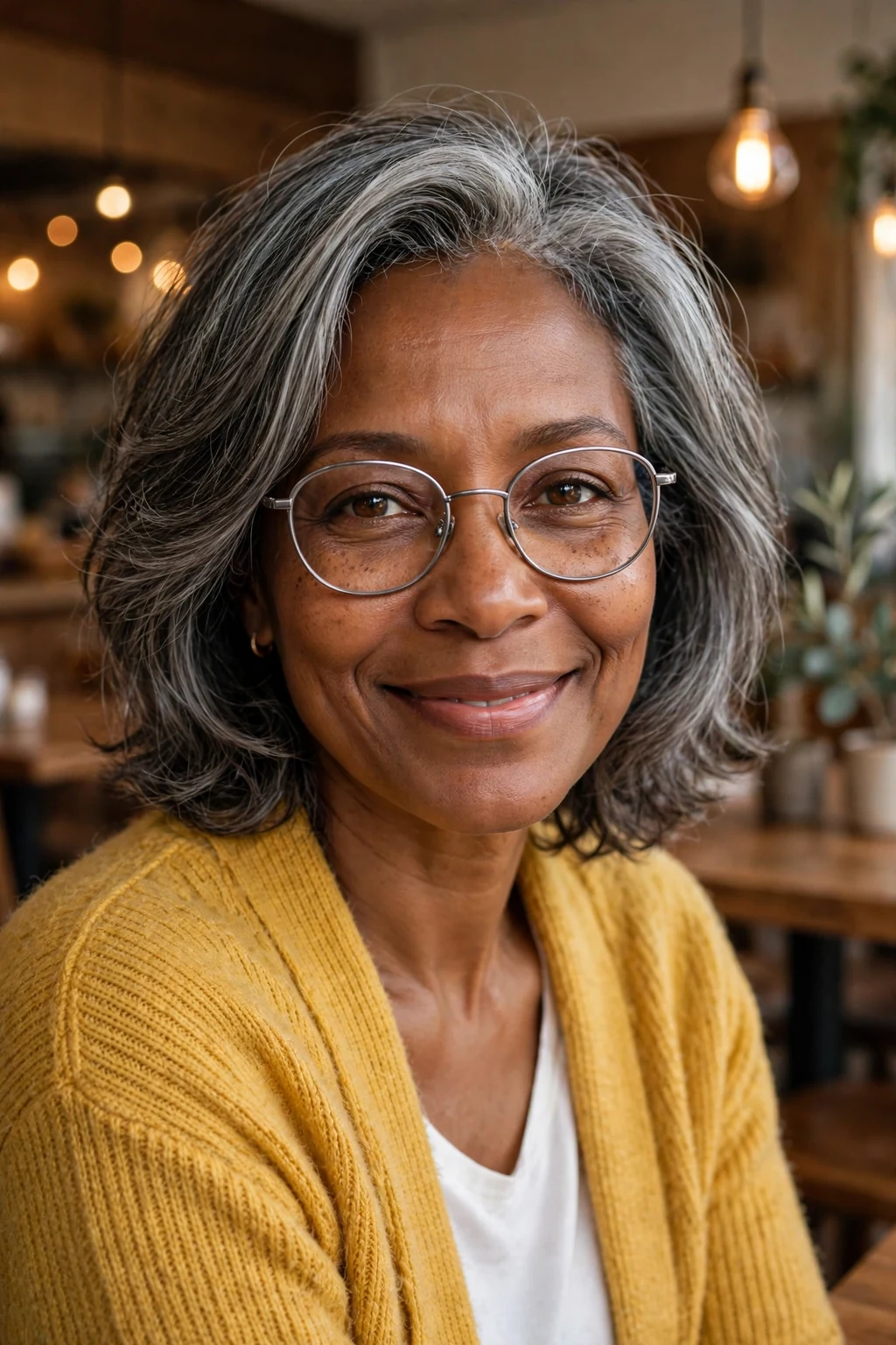 Elegant older woman over 50 with fine hair and glasses and layered medium cut, soft dimensional layers, gentle light.