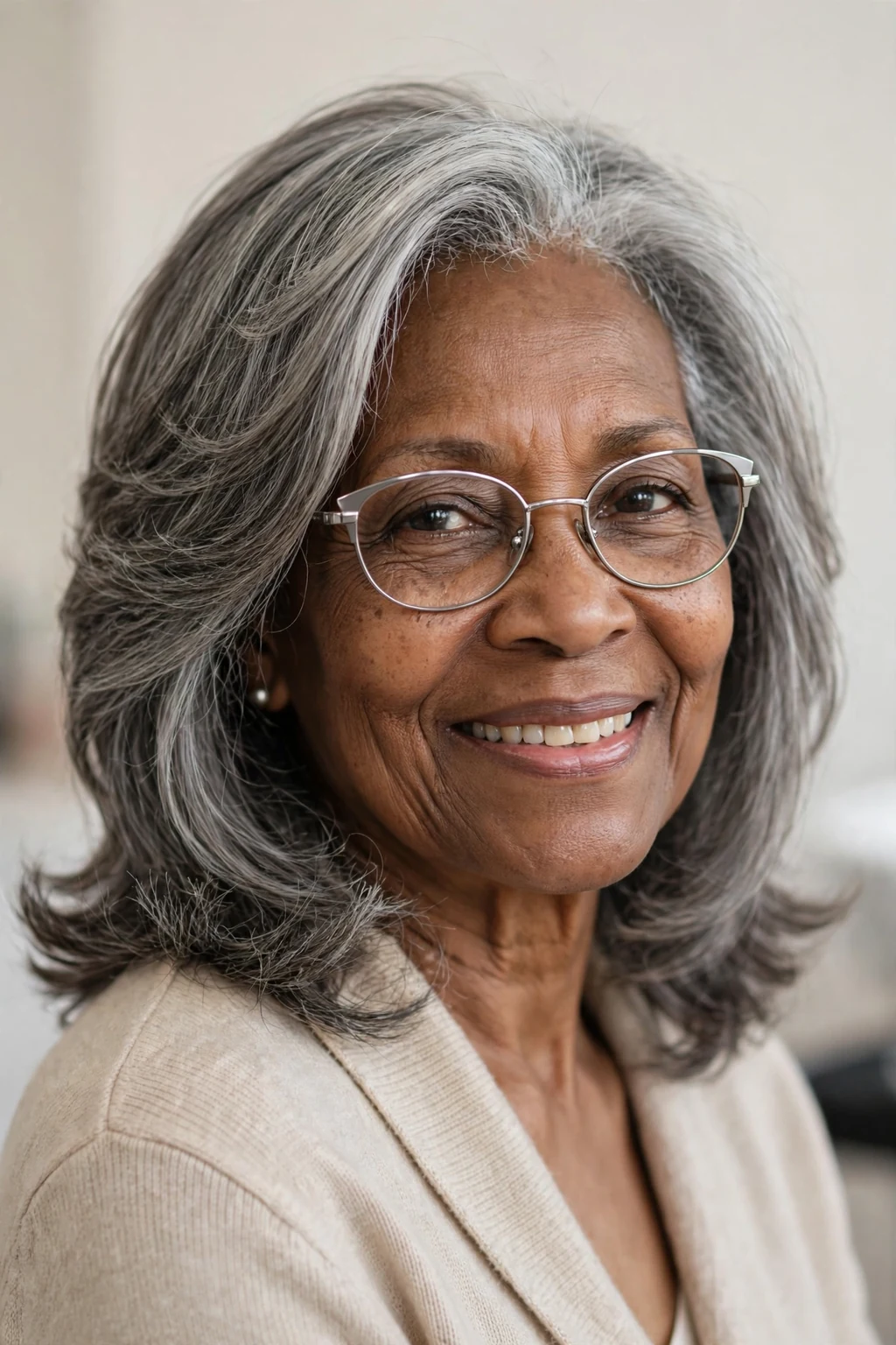 Elegant woman over 60 with fine hair and glasses and layered medium cut, soft dimensional layers, gentle light.