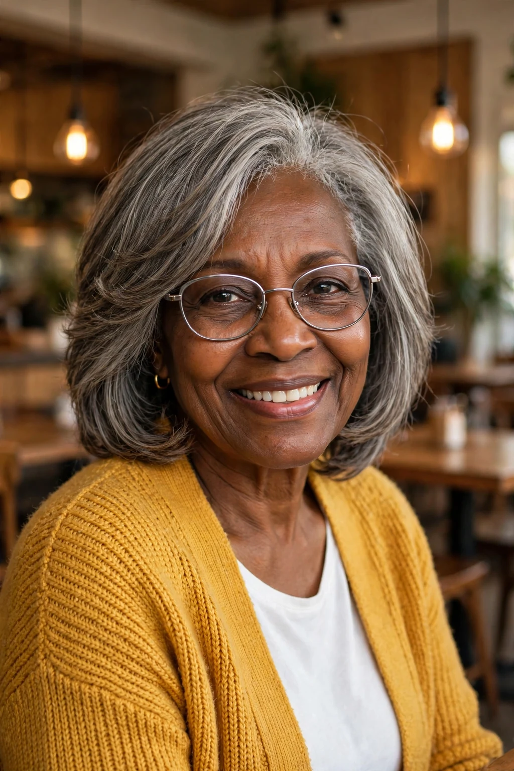 Elegant woman over 60 with fine hair and glasses and layered medium cut, soft dimensional layers, gentle light.