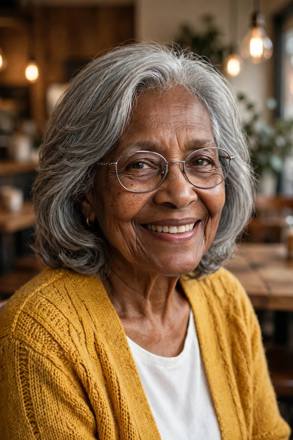 Elegant older woman over 70 with fine hair and glasses and layered medium cut, soft dimensional layers, gentle light.