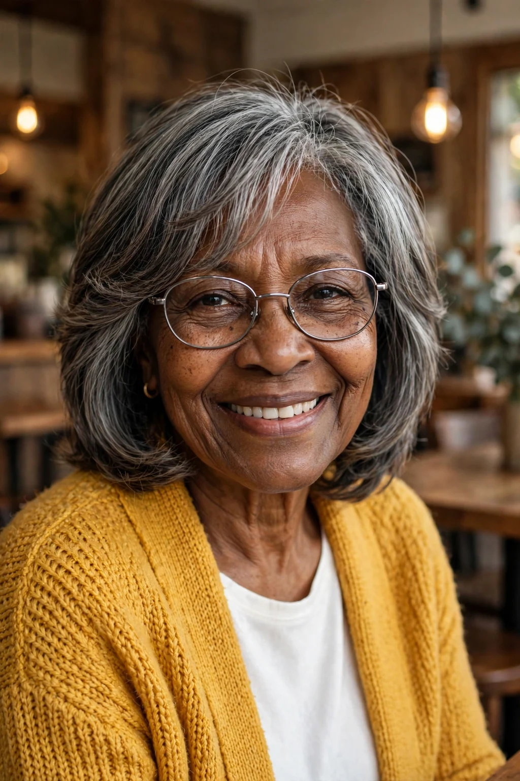 Elegant woman over 60 with fine hair and glasses and layered medium cut, soft dimensional layers, gentle light.