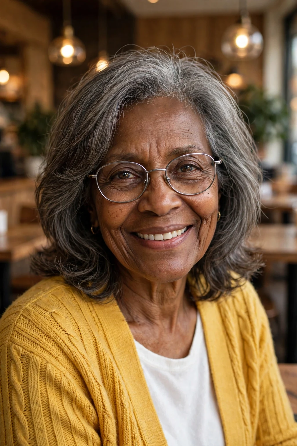 Elegant woman over 60 with fine hair and glasses and layered medium cut, soft dimensional layers, gentle light.
