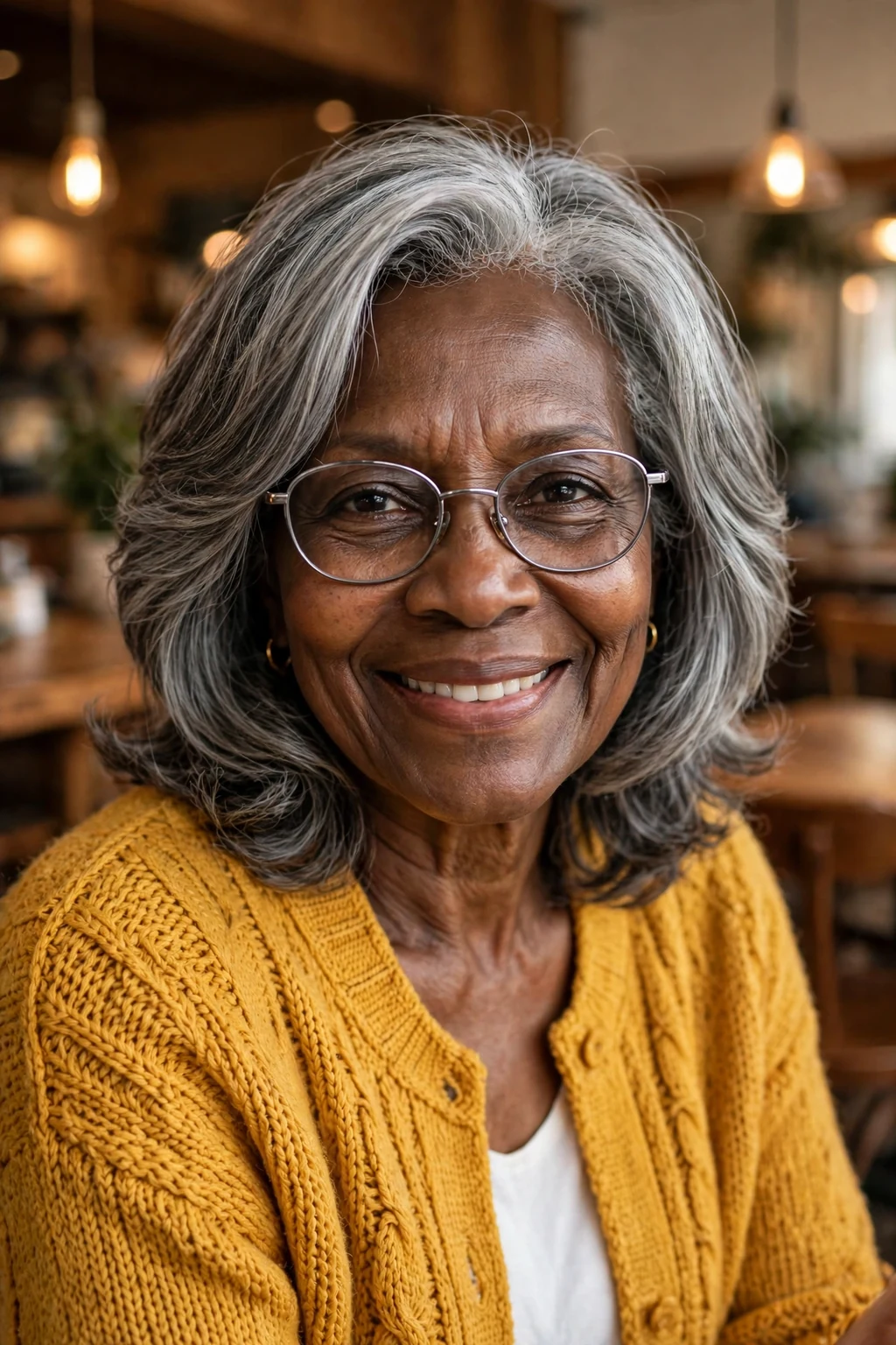 Elegant older woman with fine hair and glasses and layered medium cut, soft dimensional layers, gentle light.