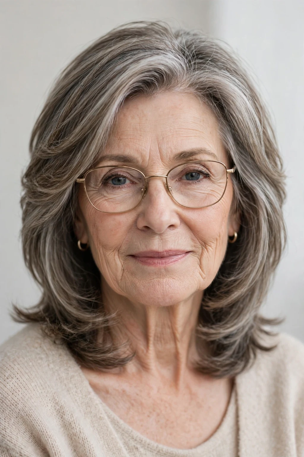 Elegant older woman with glasses and layered medium cut, soft dimensional layers, gentle light.