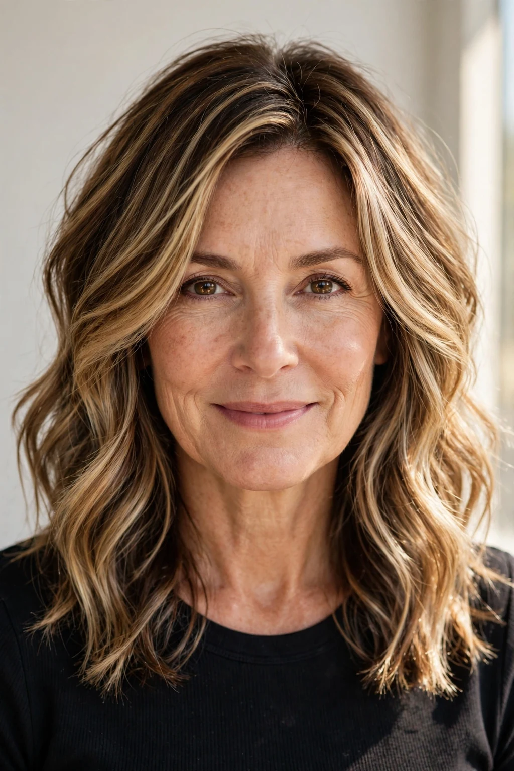 Woman over 40 with layered medium and balayage, painted dimensional color, sunlit photo.
