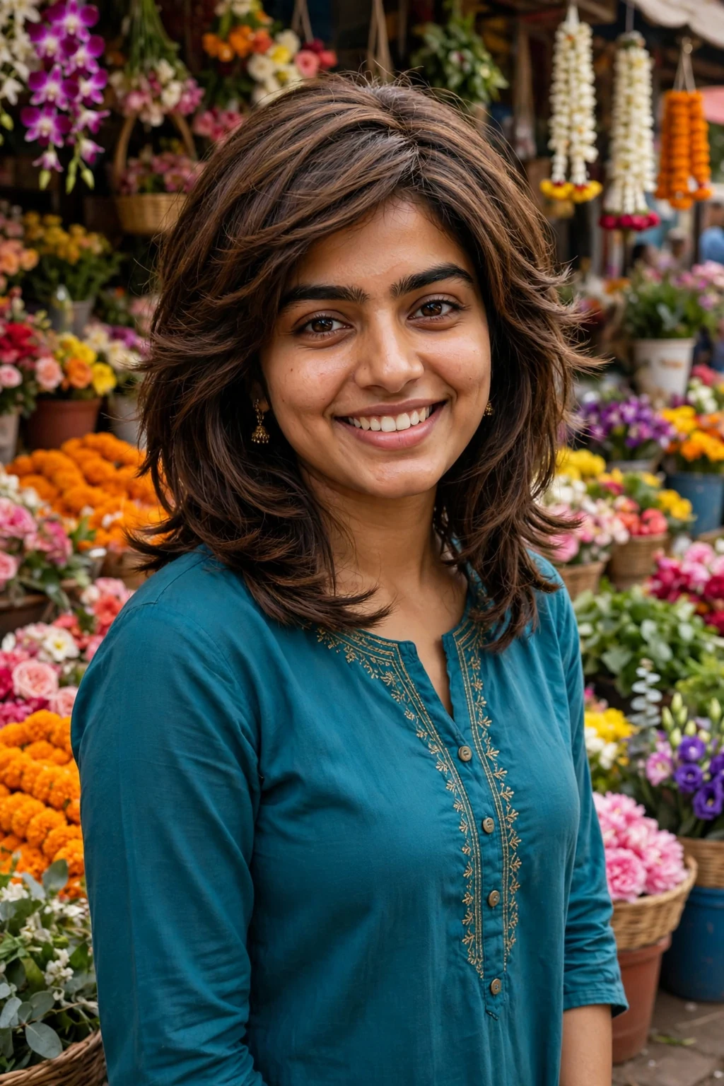 Young woman wearing a layered mid-length wig with soft feathered layers in brown.