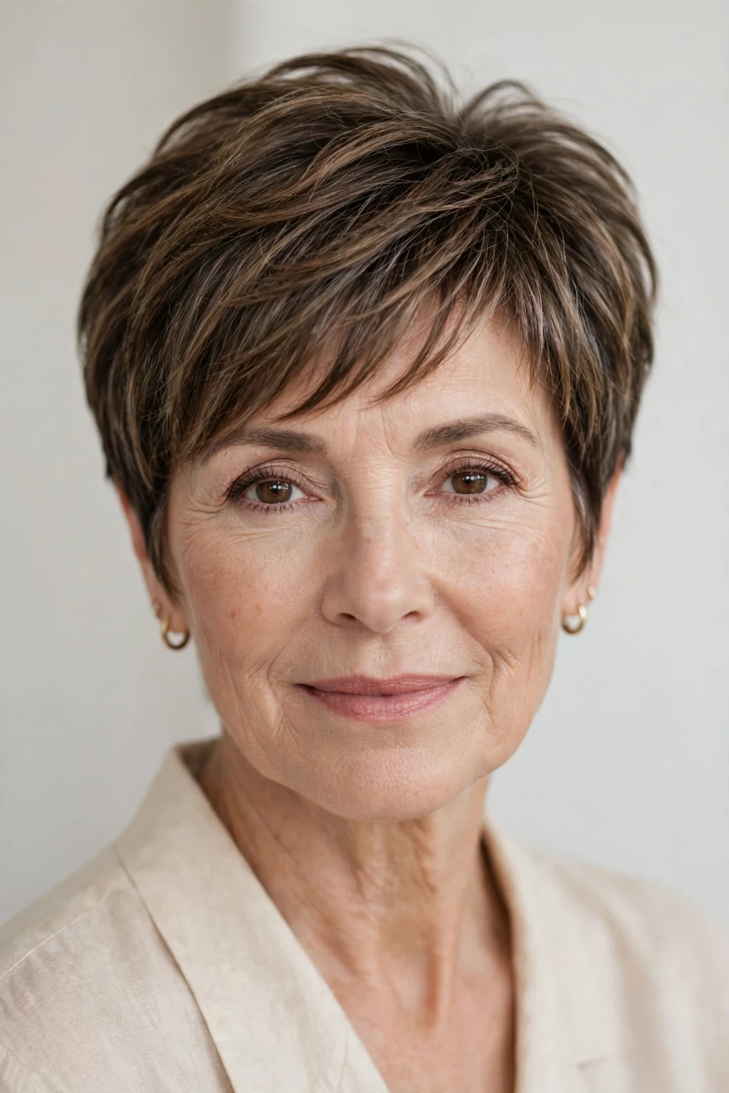 Elegant woman over 50 with layered pixie, soft dimensional layers, gentle light.