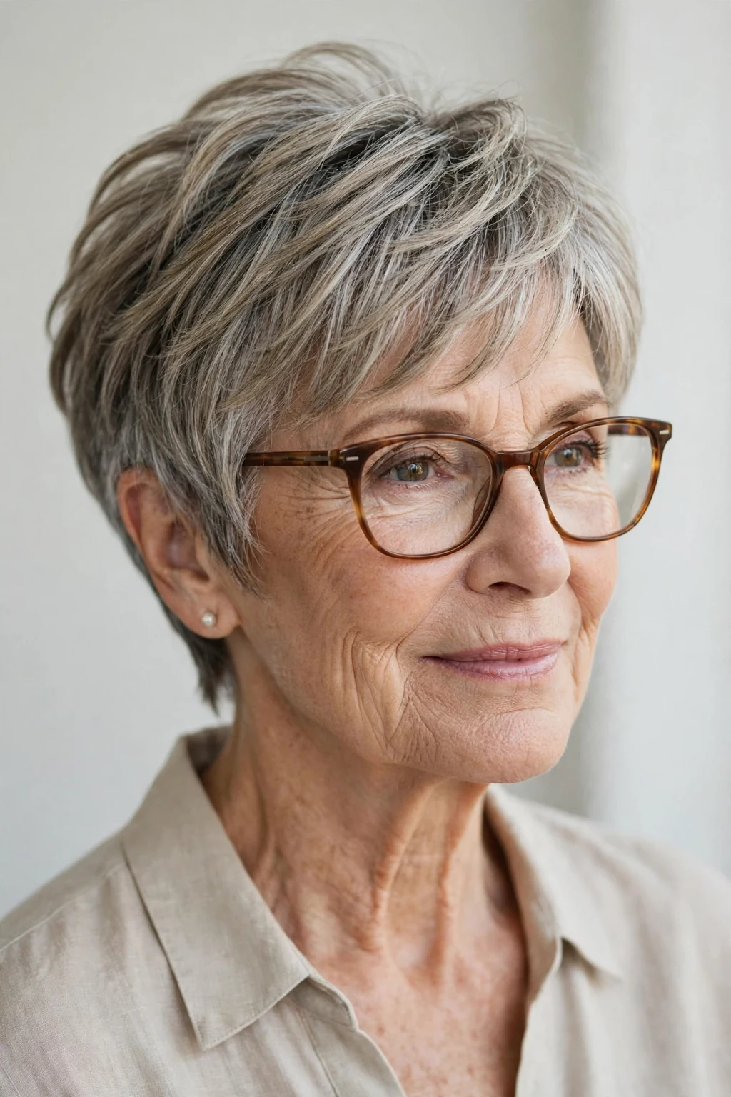 Elegant woman over 60 with glasses and layered pixie, soft dimensional layers, gentle light.