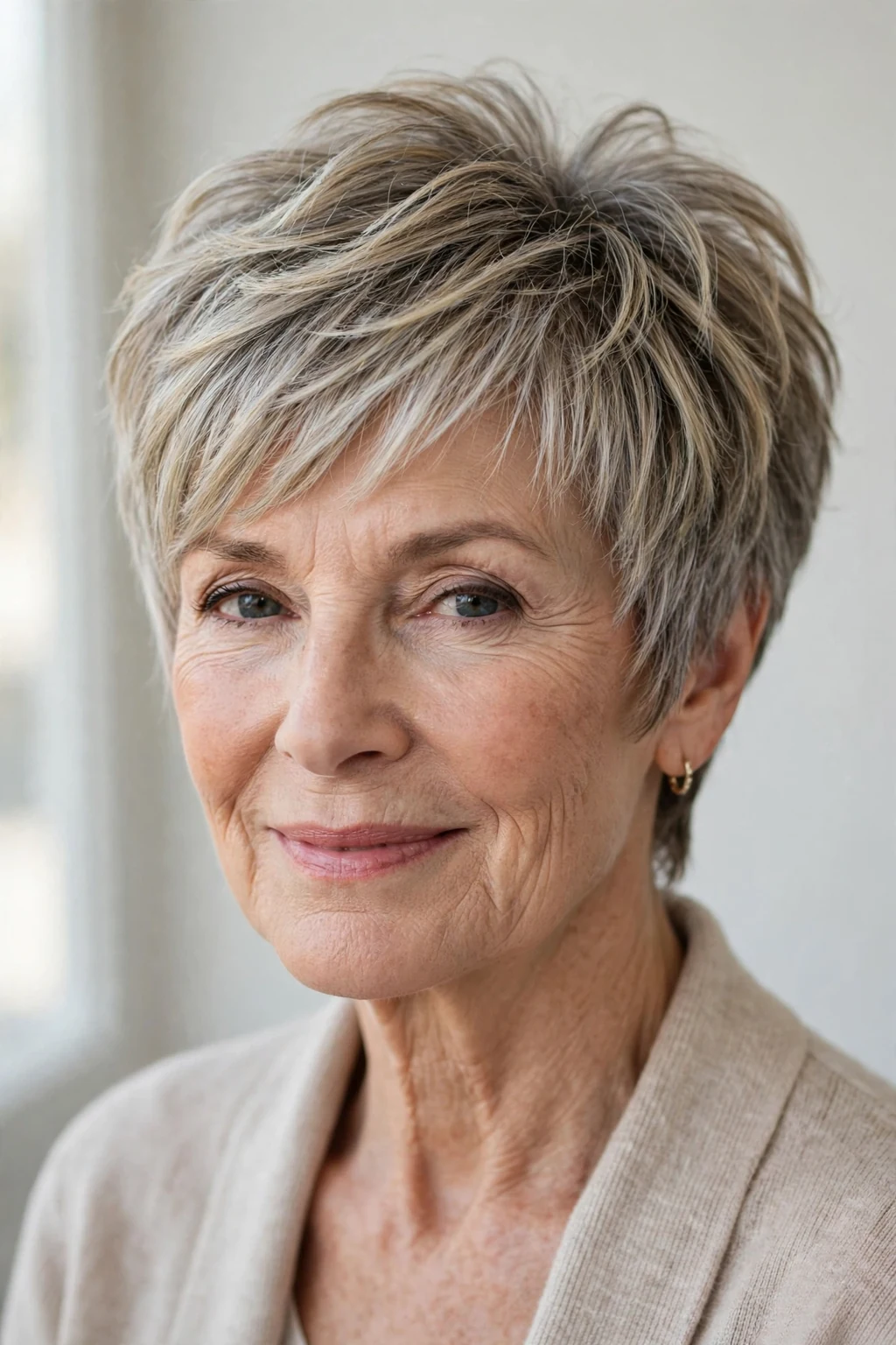 Elegant woman over 60 with layered pixie, soft dimensional layers, soft light.
