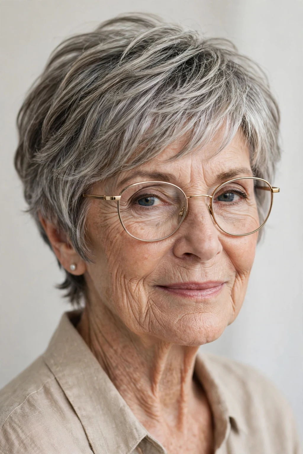 Elegant woman over 70 with glasses and layered pixie, soft dimensional layers, gentle light.