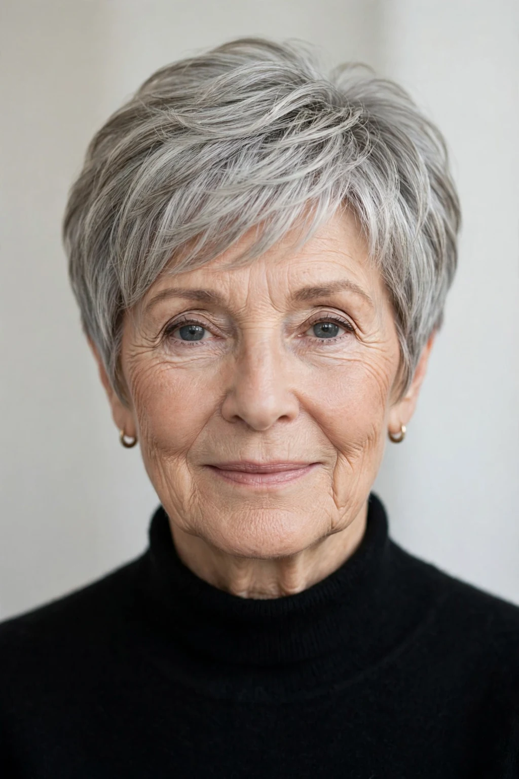 Elegant woman over 70 with layered pixie, soft dimensional layers, gentle light.