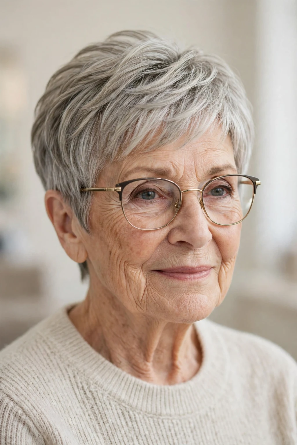 Elegant woman over 80 with glasses and layered pixie, soft dimensional layers, gentle light.