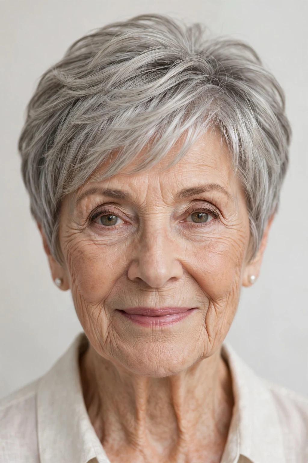 Elegant woman over 80 with layered pixie, soft dimensional layers, gentle light.