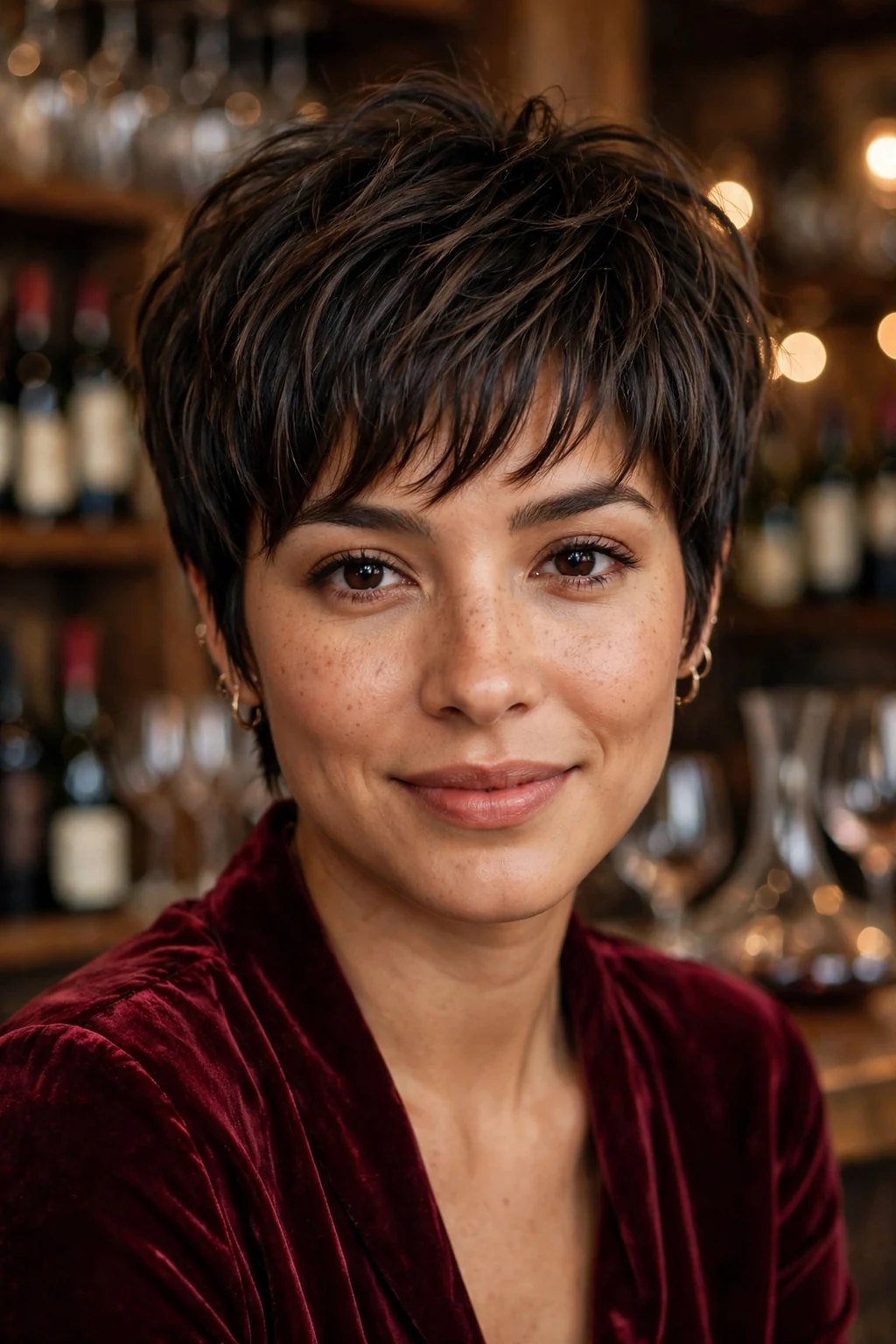 Beautiful woman with layered pixie bangs, dimensional layered pixie bangs, rich light.