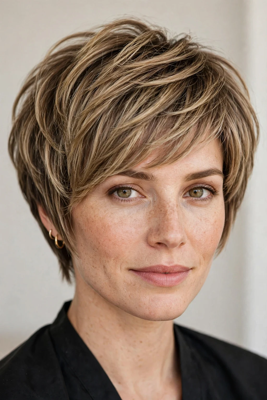 Woman with layered pixie bob, stacked soft layers, beautiful shape, soft light.