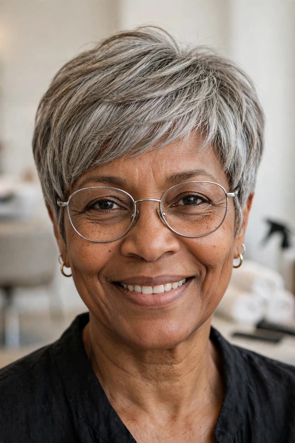 Elegant woman over 50 with fine hair and glasses and layered pixie, soft dimensional layers, gentle light.
