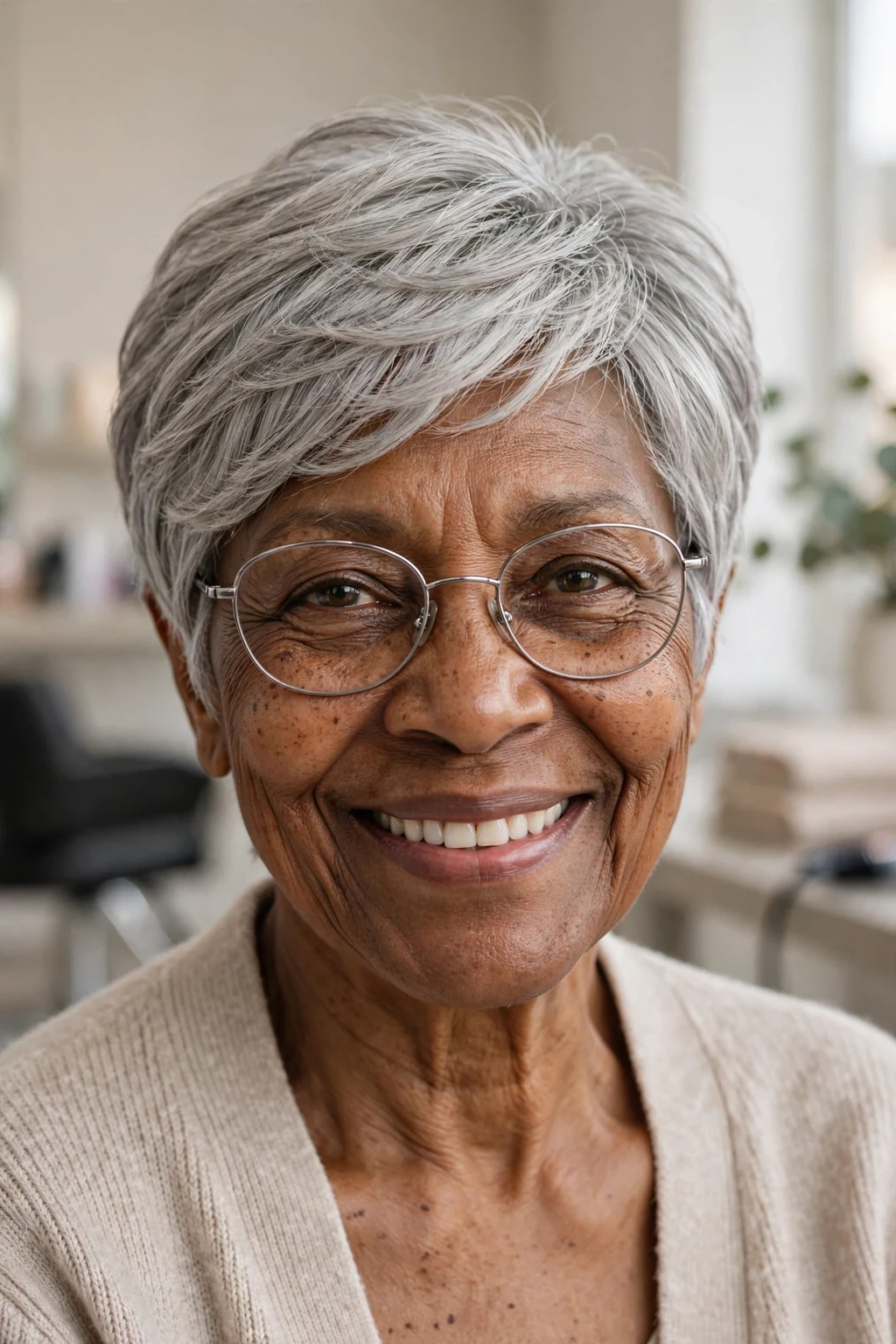 Elegant older woman with fine hair and glasses and layered pixie, soft dimensional layers, gentle light.