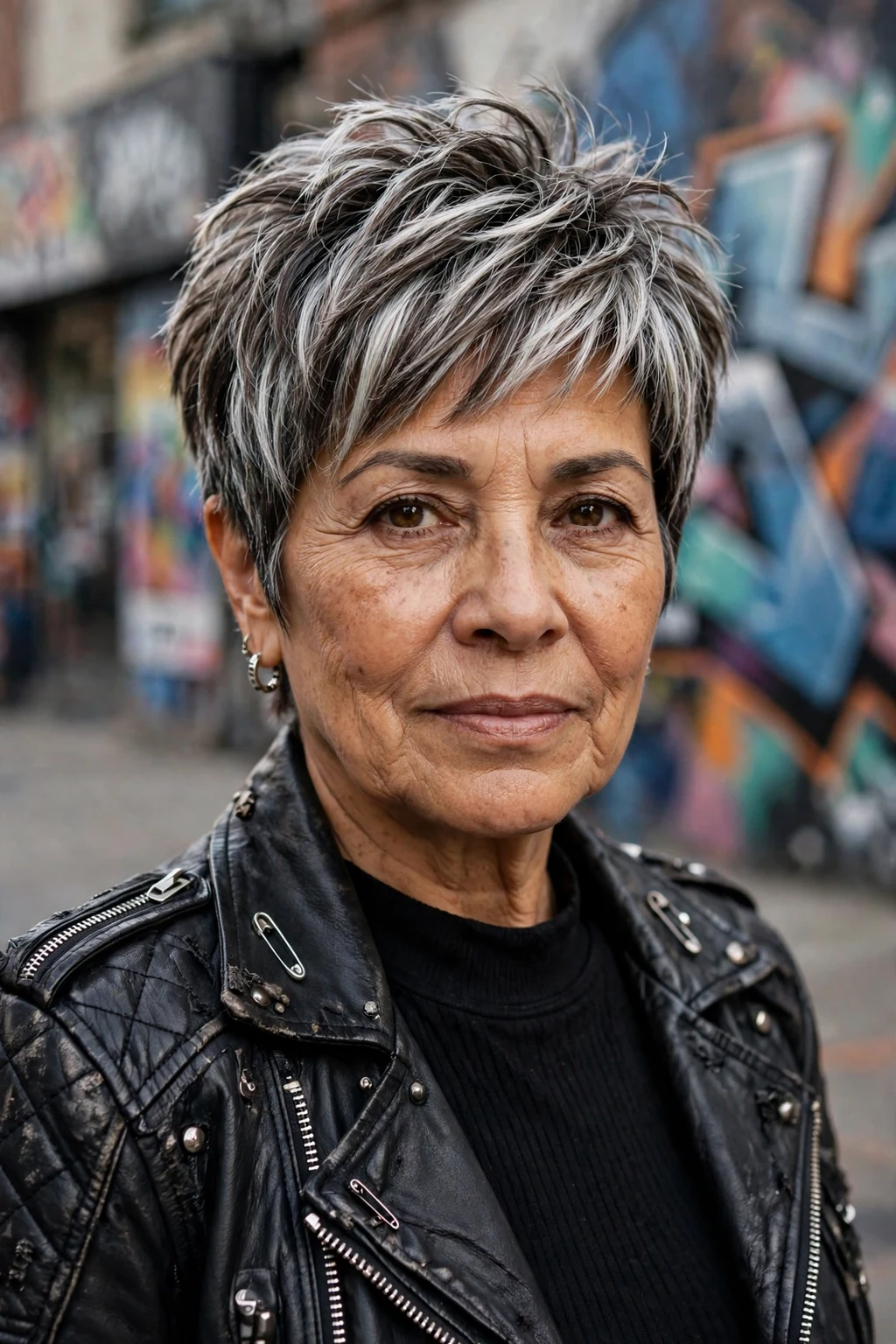 Beautiful older woman with layered pixie, bold layered pixie, edgy light.