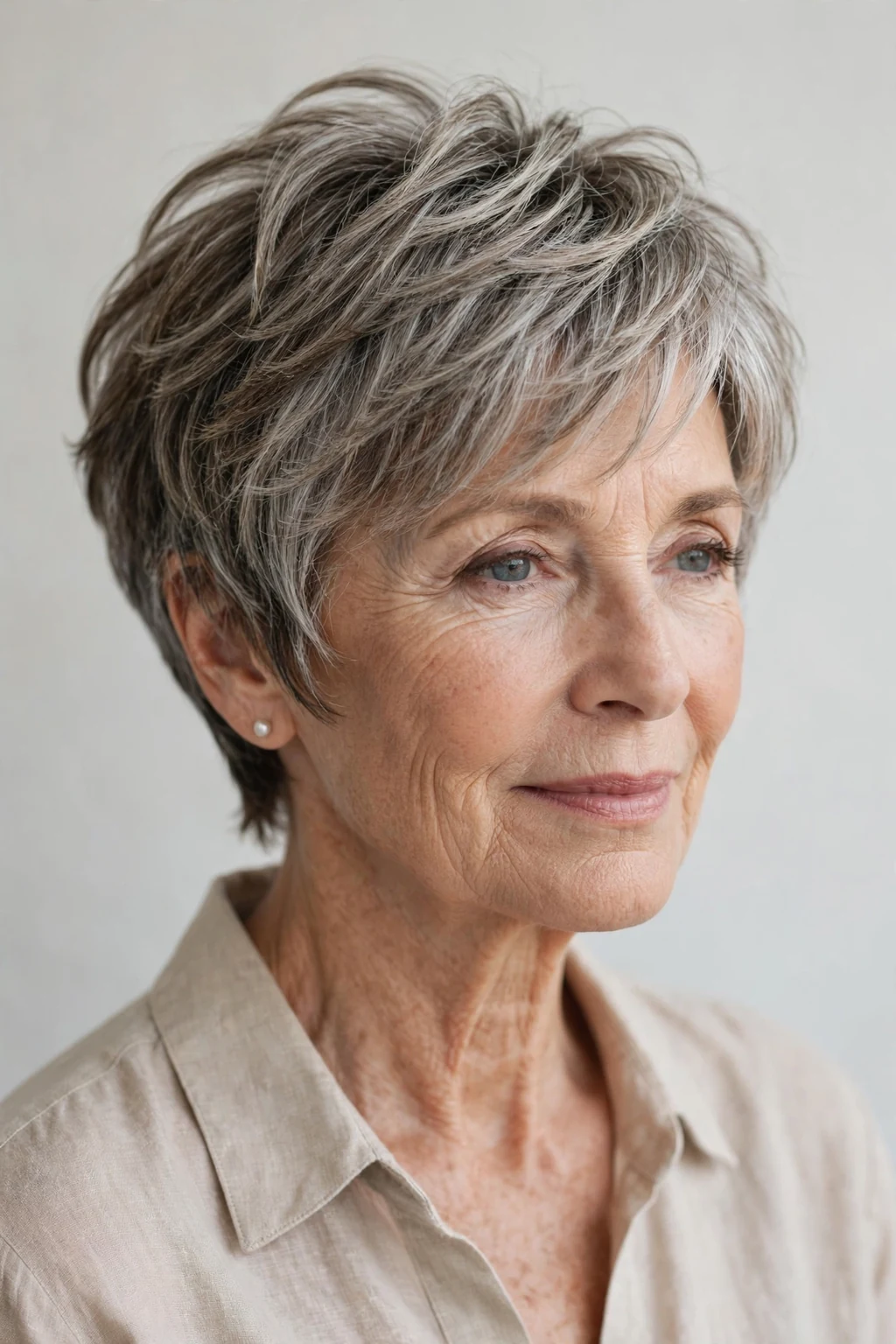 Elegant older woman with layered pixie, soft dimensional layers, gentle light.