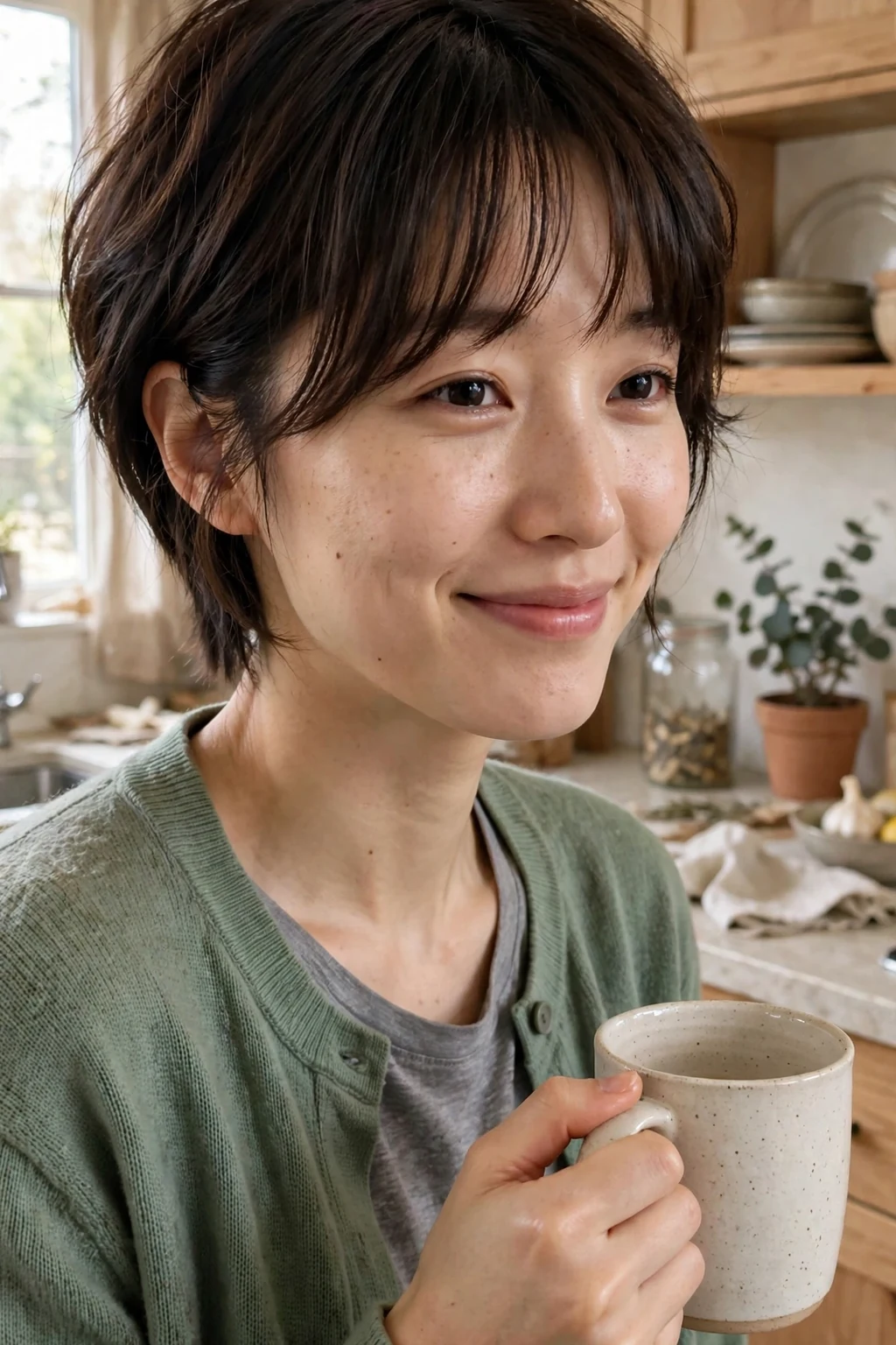 A young woman with a layered pixie haircut and curtain bangs parted in the middle.