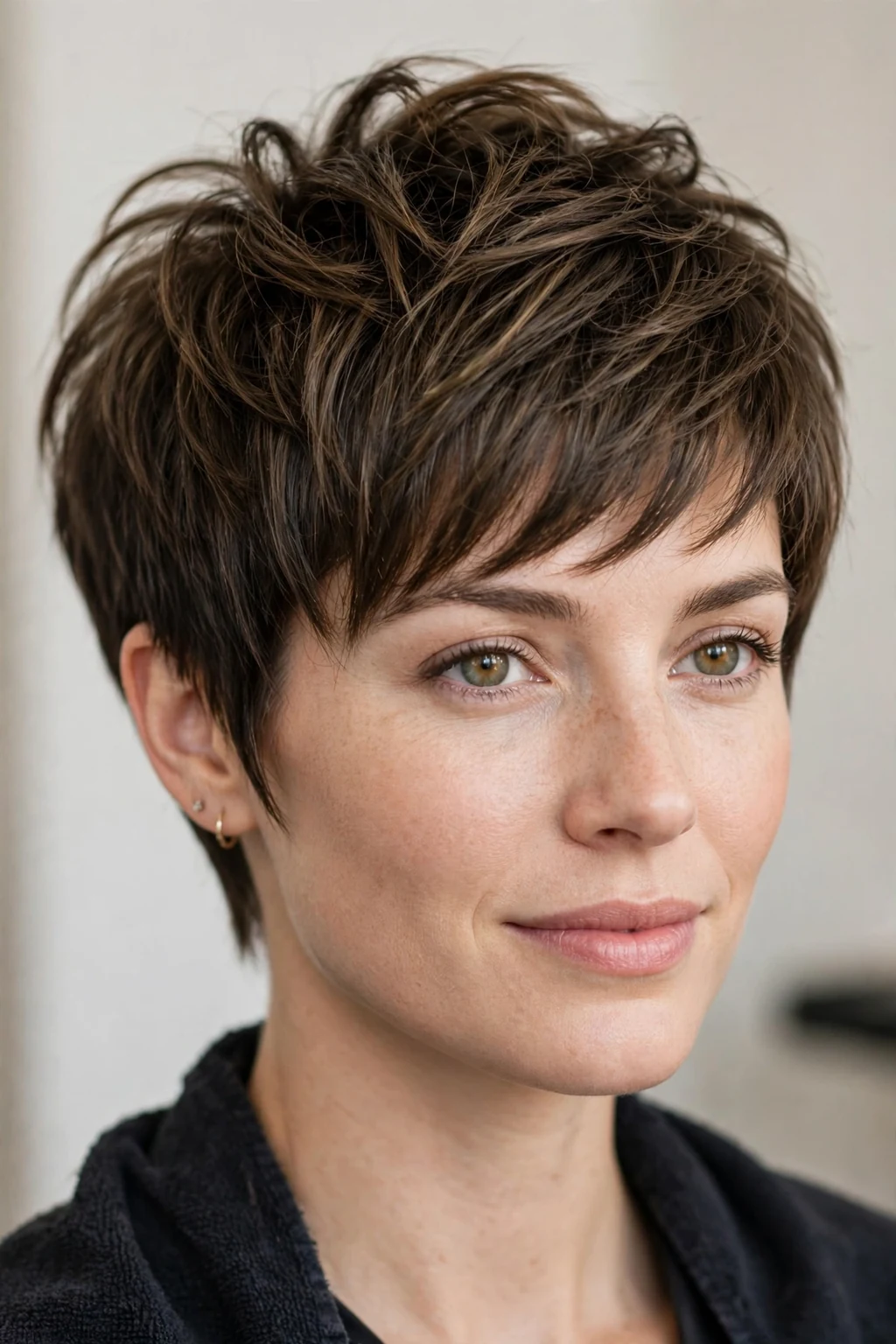 Woman with layered pixie, stacked layers with crown volume, flattering light.