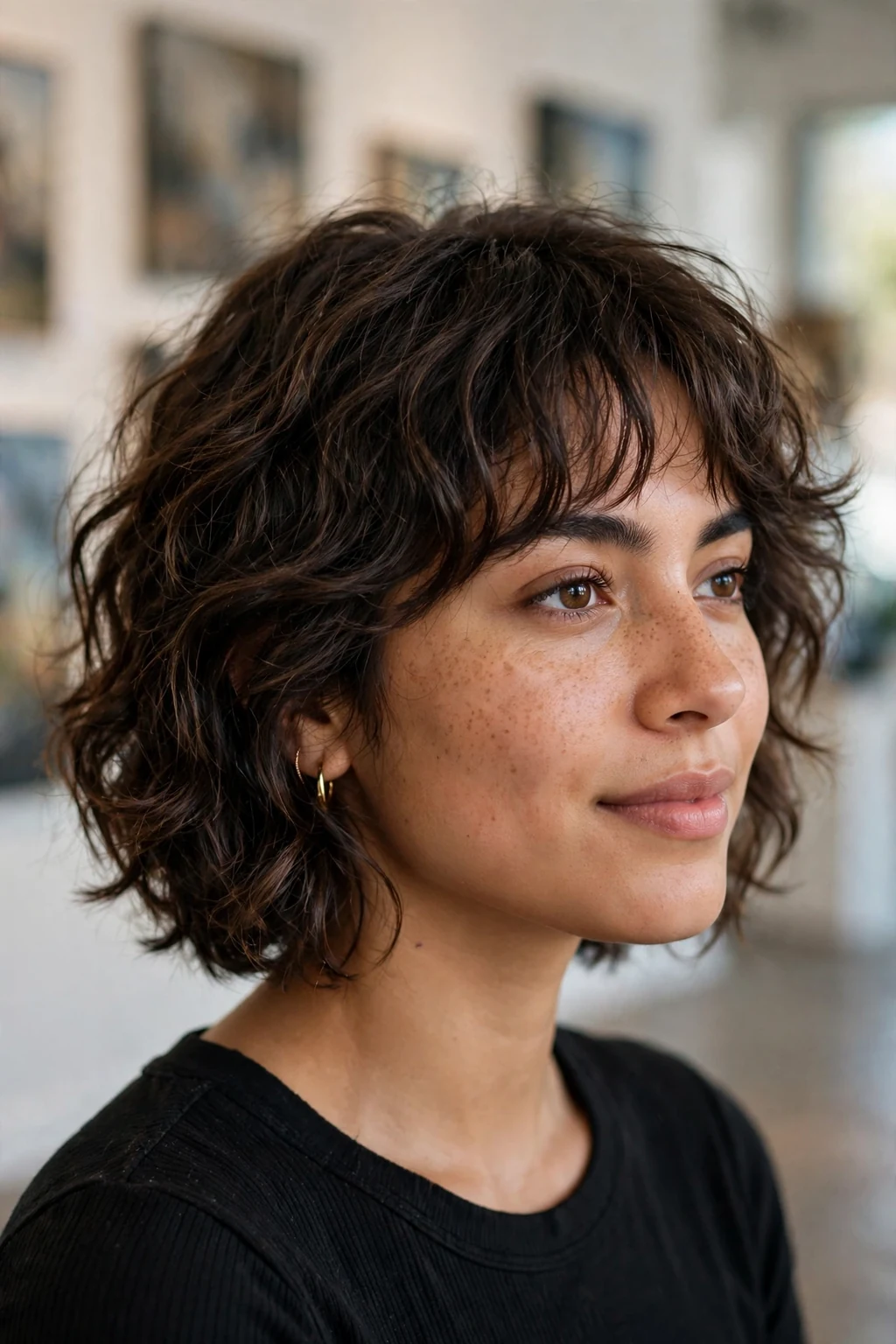 Beautiful woman with fine hair and layered shag bob, chic shaggy bob, trendy light.