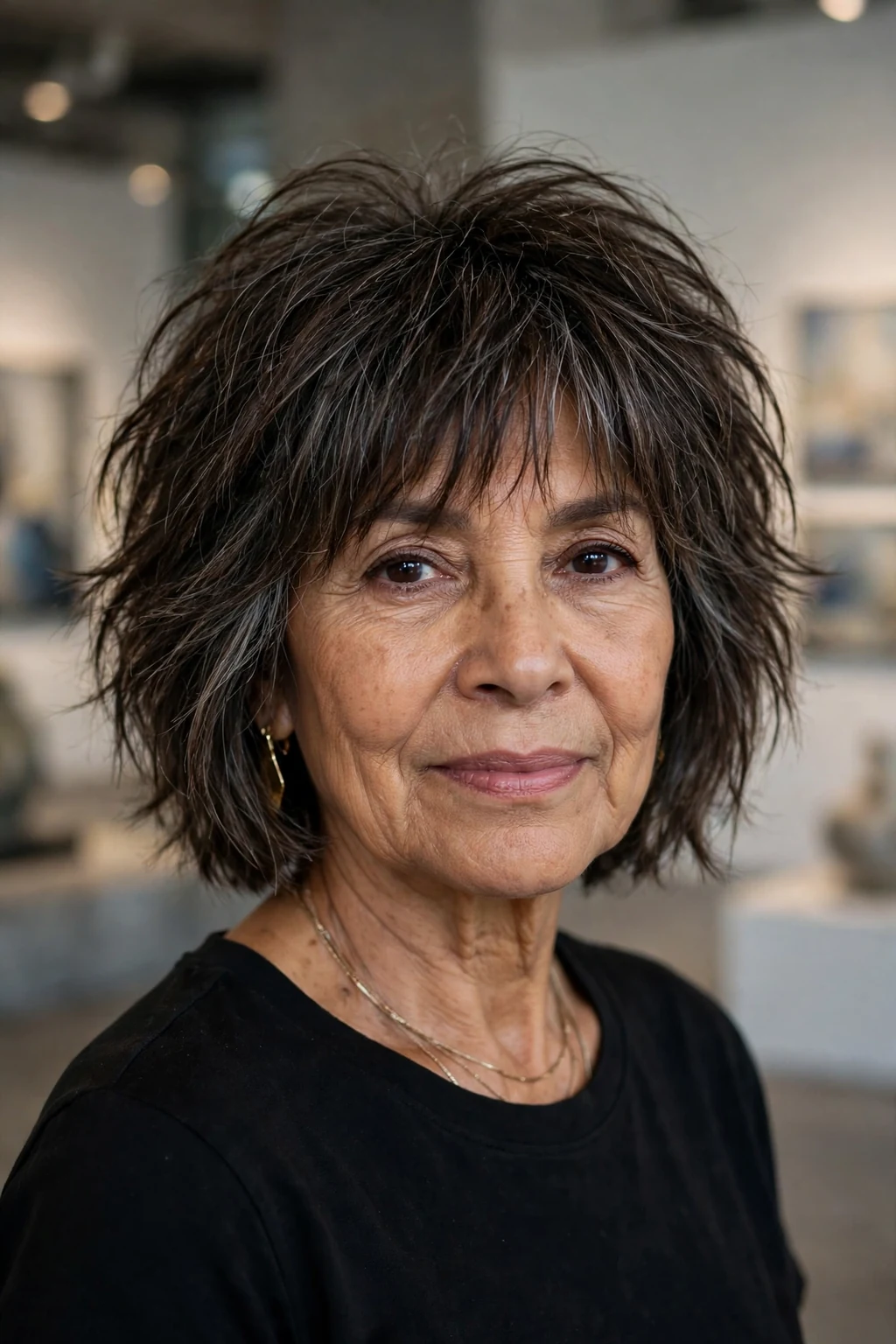 Beautiful woman over 60 with layered shag bob, chic shaggy bob, trendy light.