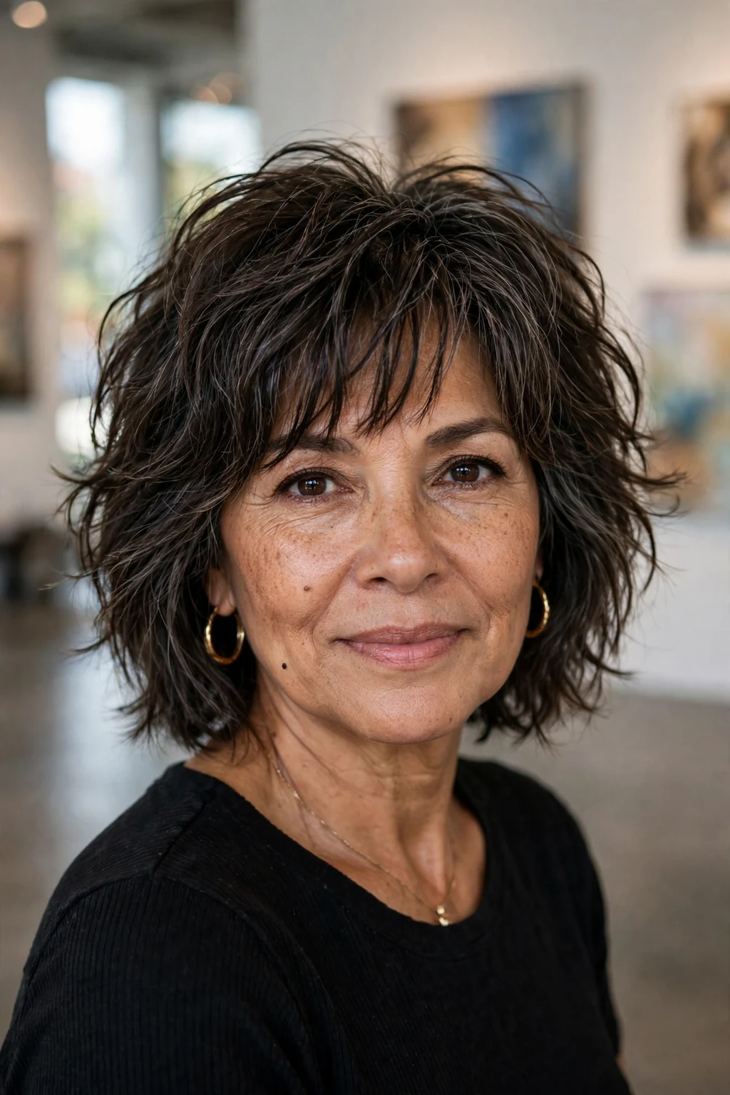 Beautiful woman over 50 with layered shag bob, chic shaggy bob, trendy light.