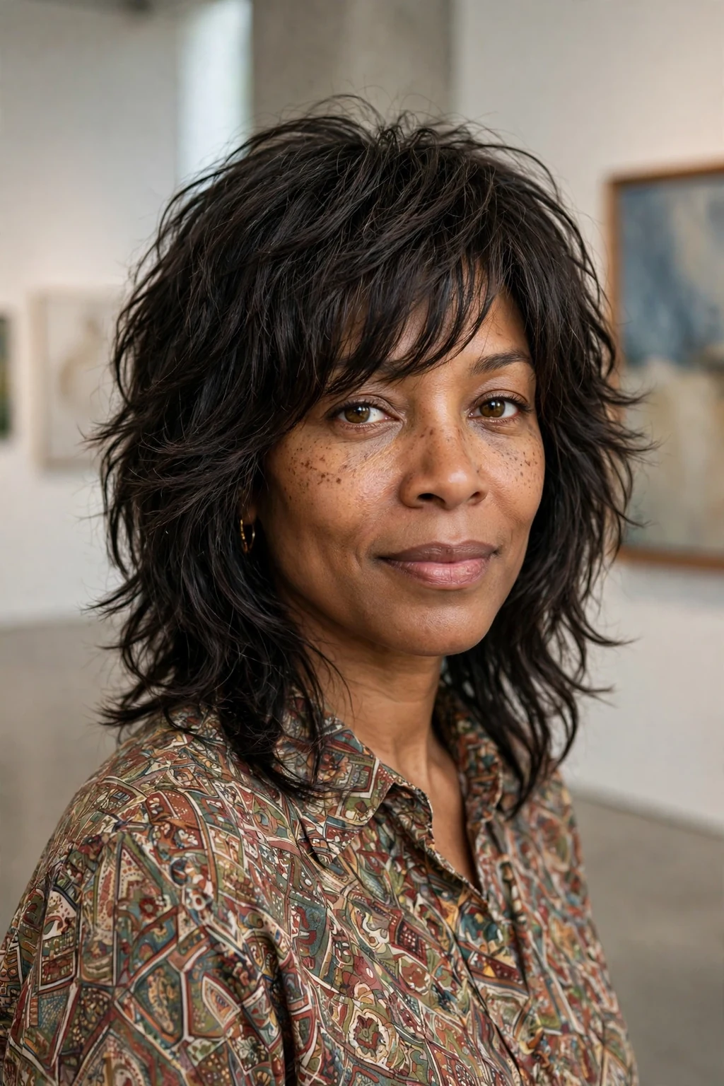 Beautiful woman with fine hair and layered shag, dimensional layered shag, rich light.