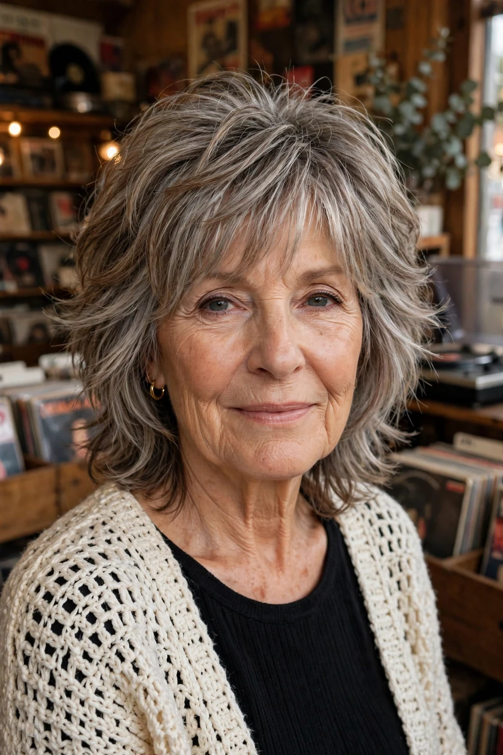 Beautiful older woman with layered shag, cool layered shag, trendy light.