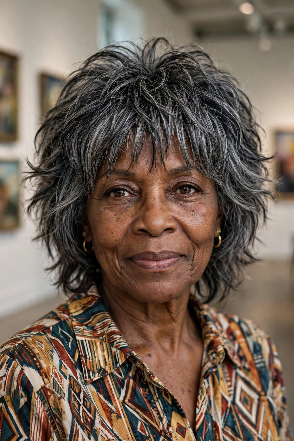 Beautiful woman over 60 with layered shag, dimensional layered shag, rich light.