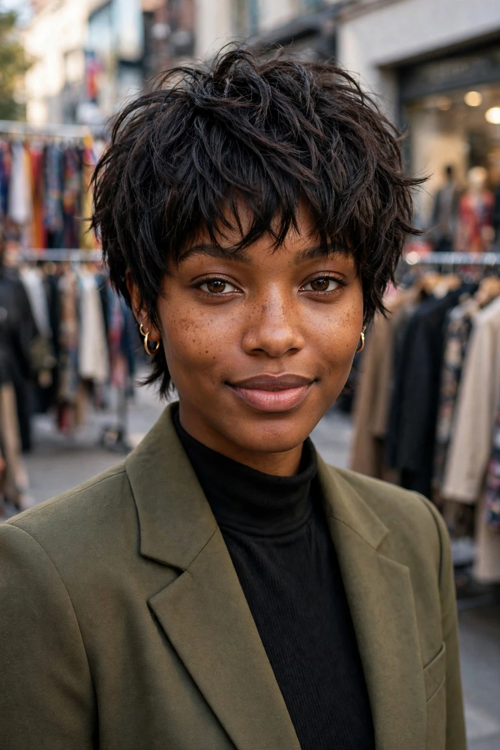 Beautiful woman with layered shag pixie, shaggy layered pixie, chic light.
