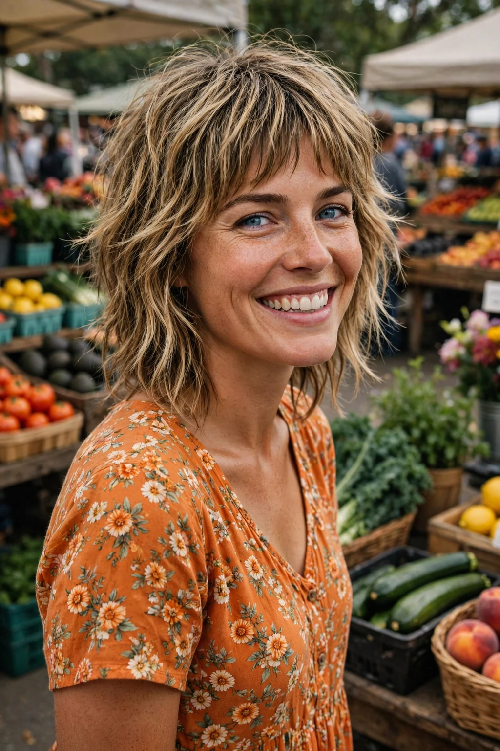 A young woman with a layered shag and baby bangs, shopping at a farmers market.