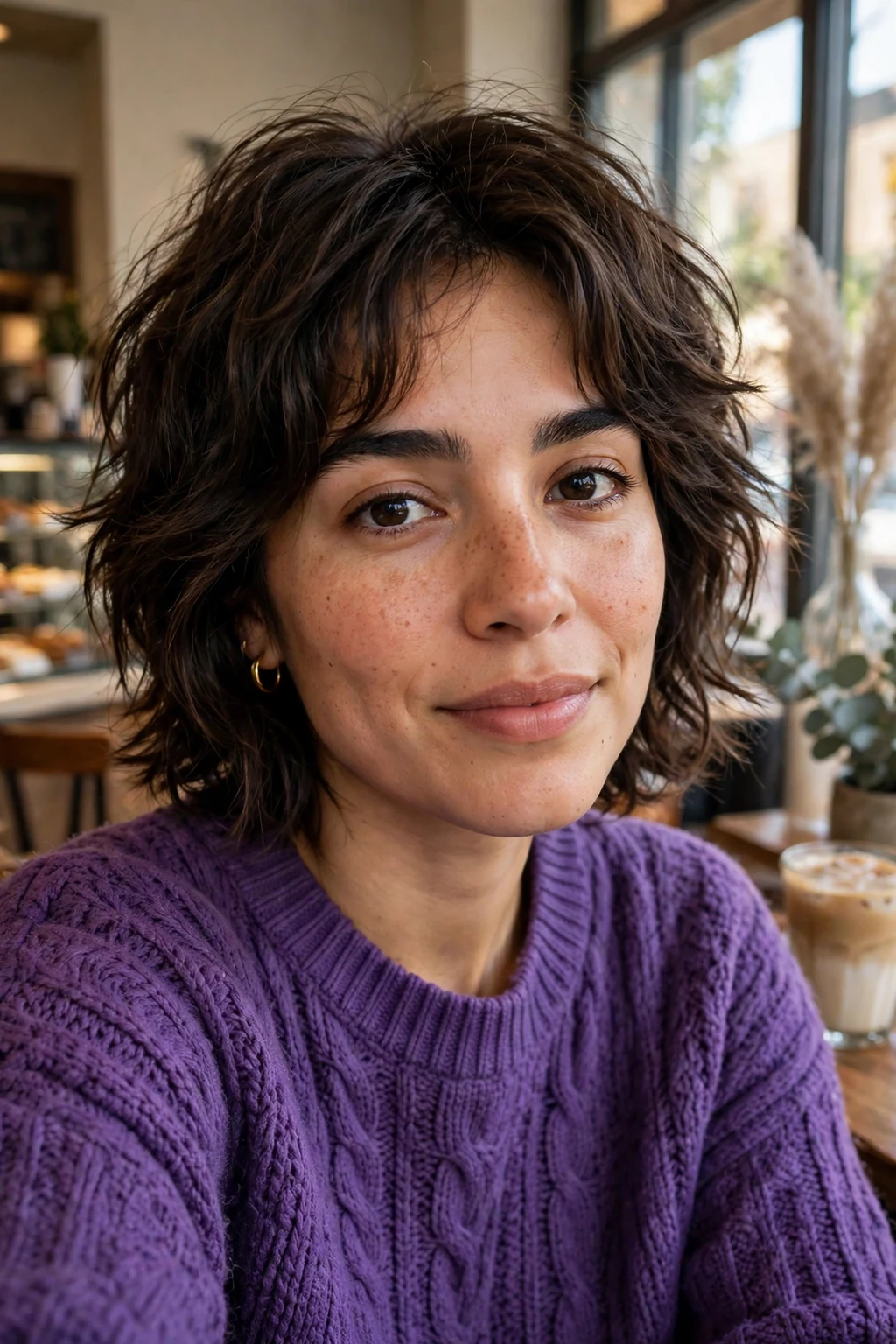 Young woman with a layered shaggy bob and choppy ends, in a coffee shop wearing a purple knit sweater.